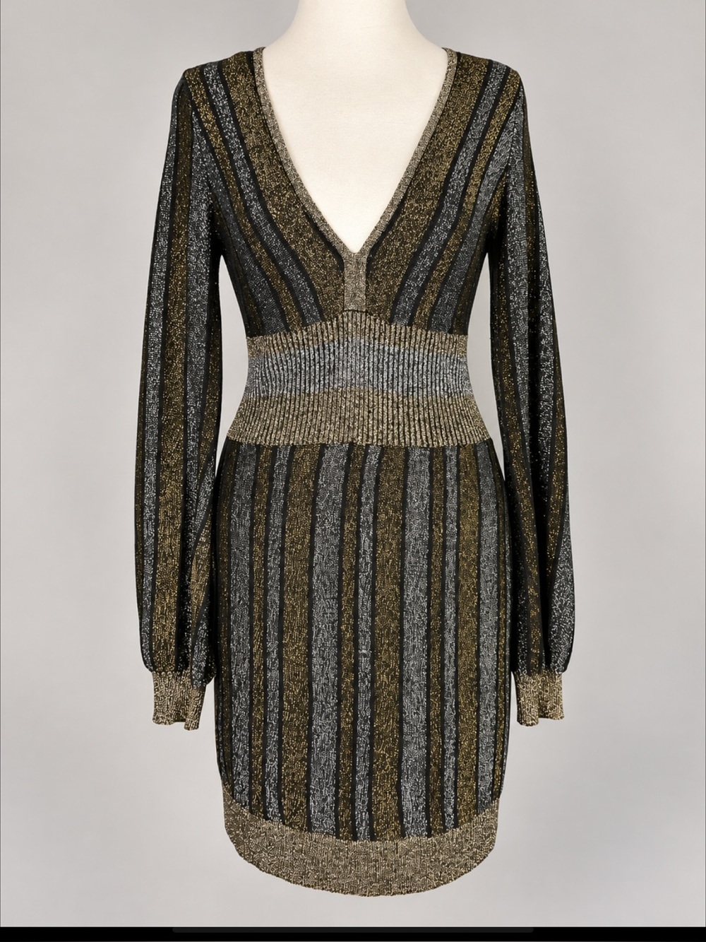 Vintage Y2K GUESS Metallic Striped Sweater Dress M Gold Silver Black